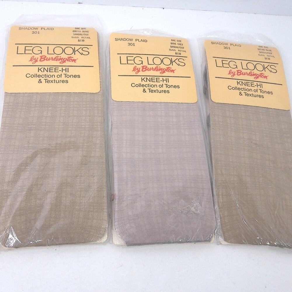 Vtg Leg Looks By Burlington Knee Hi Collection Shadow Plaid Grey Olive Set 3